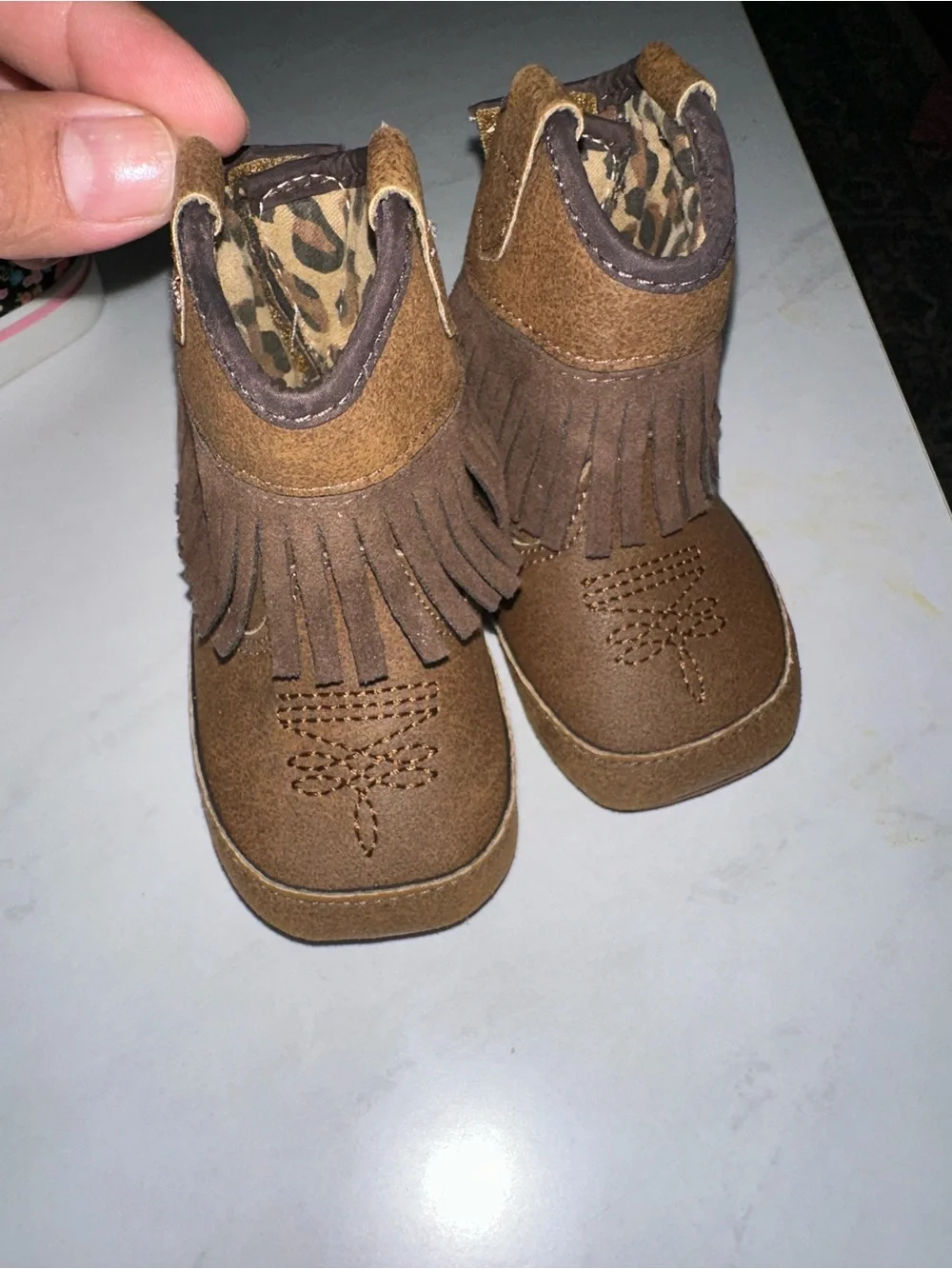 Twister Kids Brown Fringe Booties with Leopard Lining